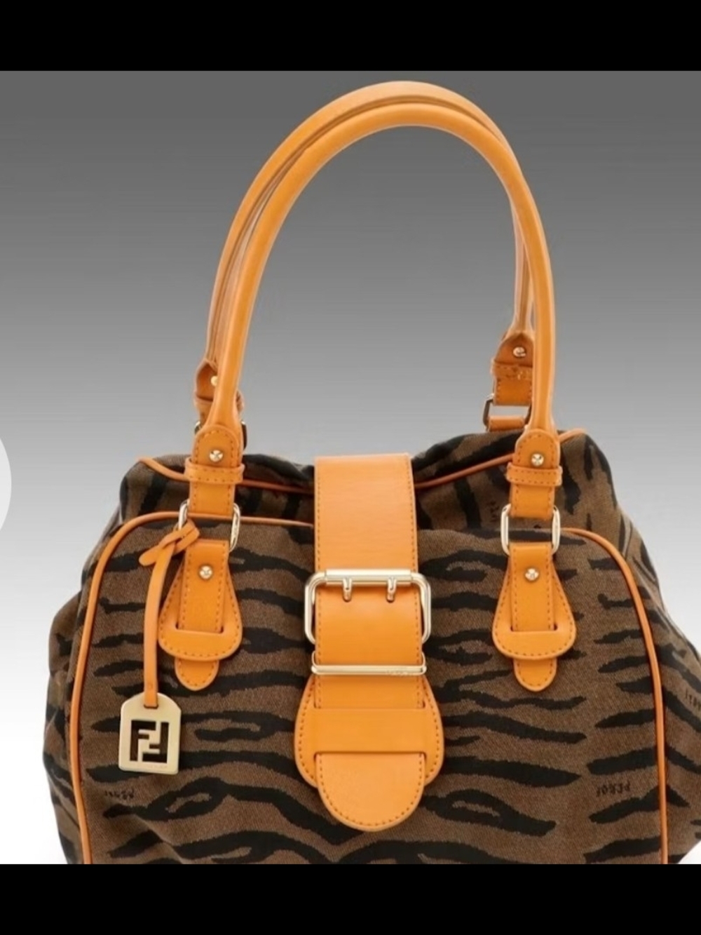 Fendi Brown Tiger-Print Satchel with Orange Trim
